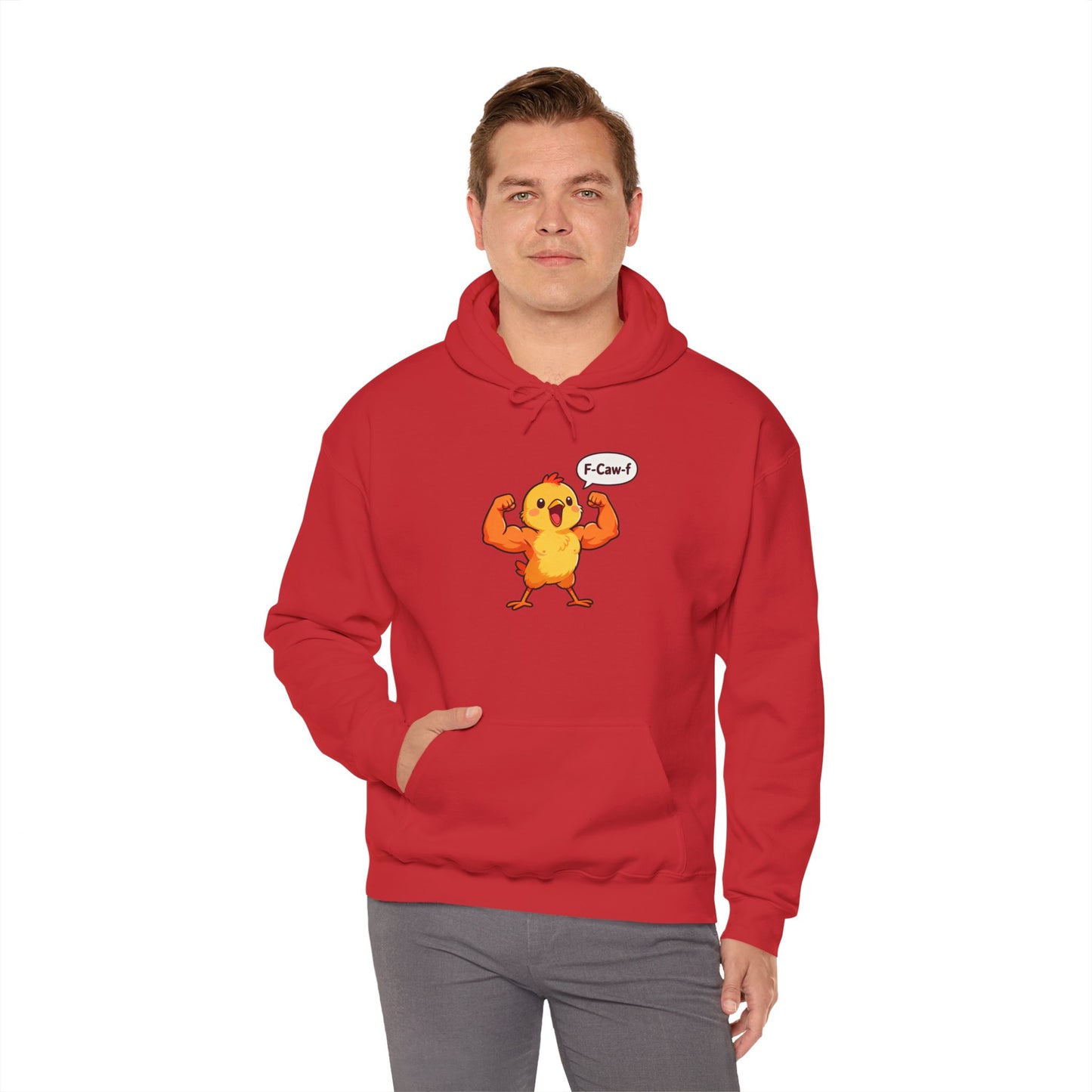 Funny Muscular Chick Hoodie — 'F-Caw!' Cute Strong Chicken Graphic Sweatshirt