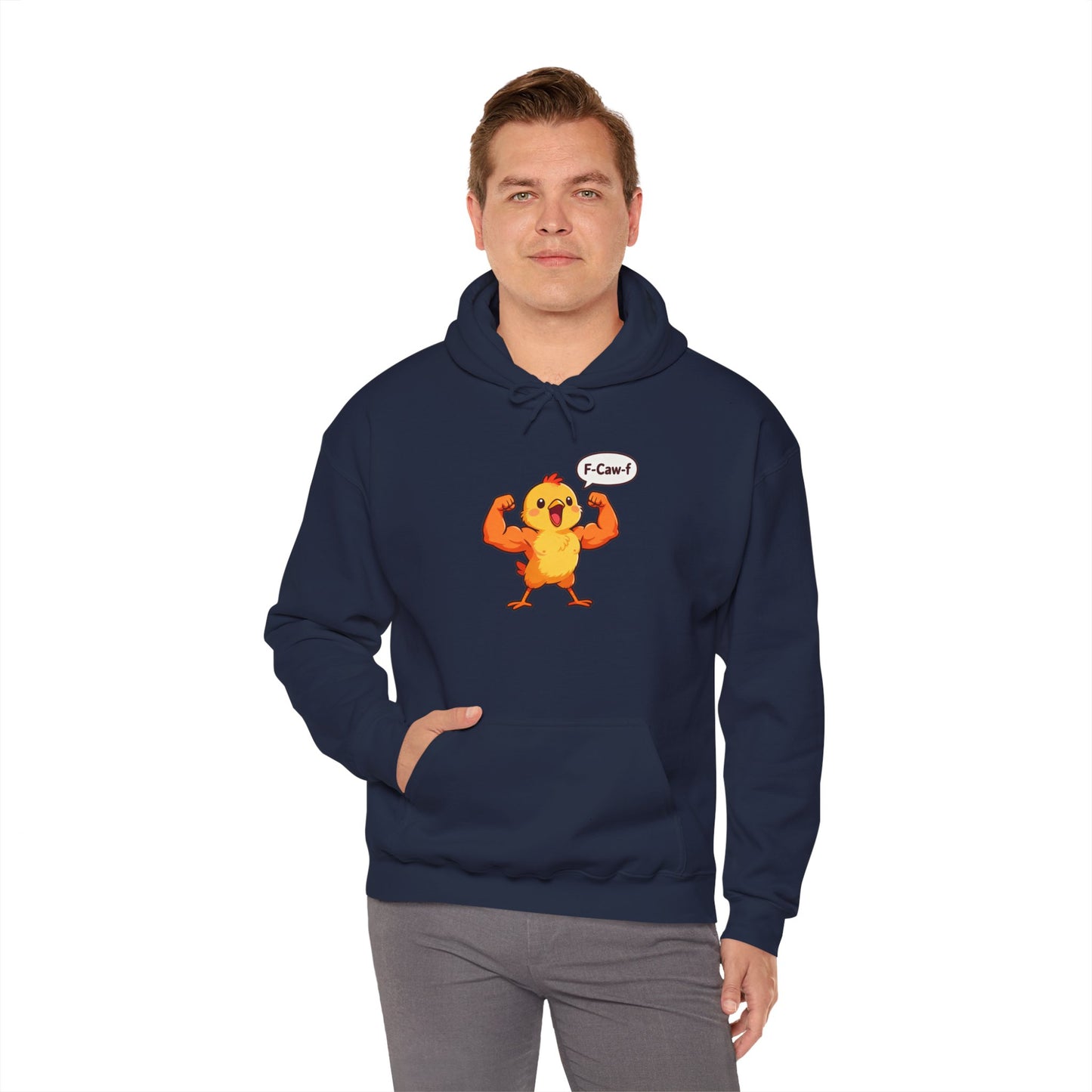 Funny Muscular Chick Hoodie — 'F-Caw!' Cute Strong Chicken Graphic Sweatshirt