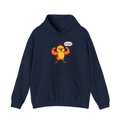 Funny Muscular Chick Hoodie — 'F-Caw!' Cute Strong Chicken Graphic Sweatshirt