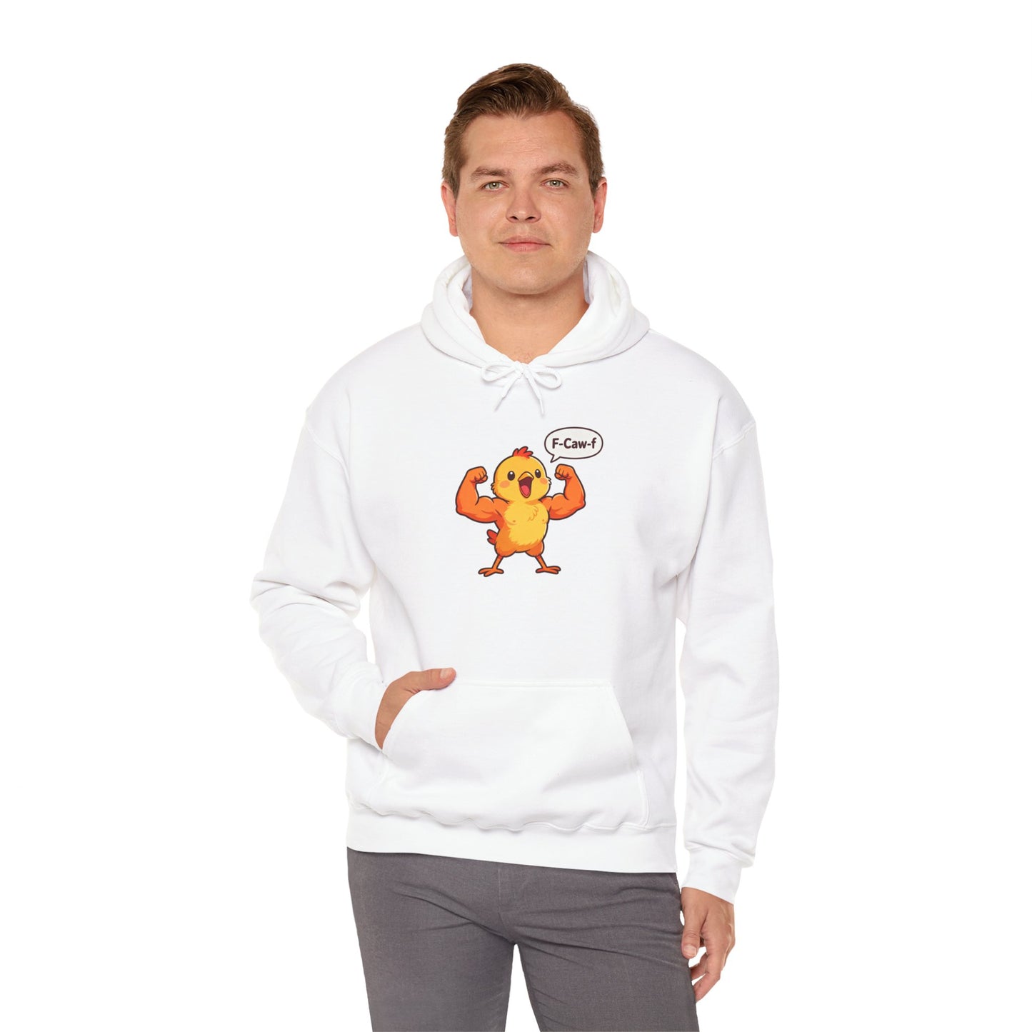 Funny Muscular Chick Hoodie — 'F-Caw!' Cute Strong Chicken Graphic Sweatshirt