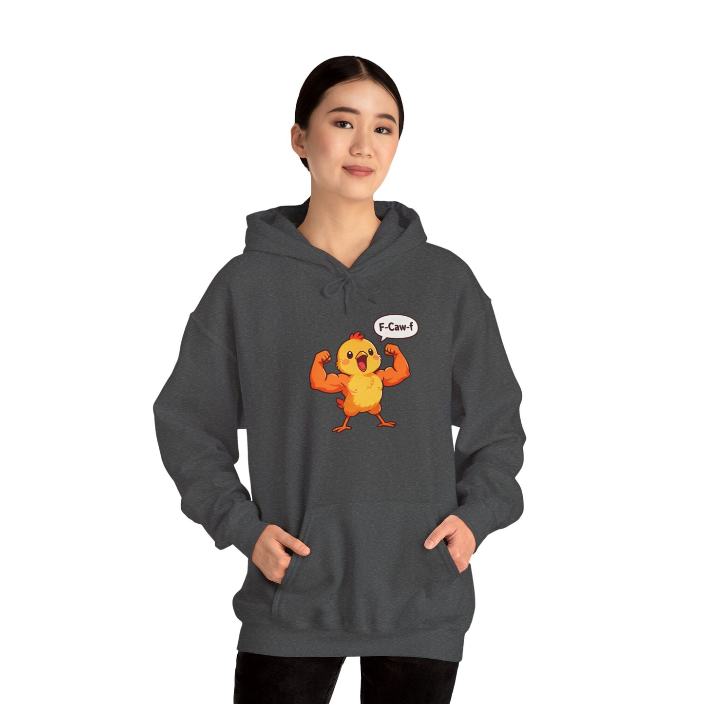 Funny Muscular Chick Hoodie — 'F-Caw!' Cute Strong Chicken Graphic Sweatshirt