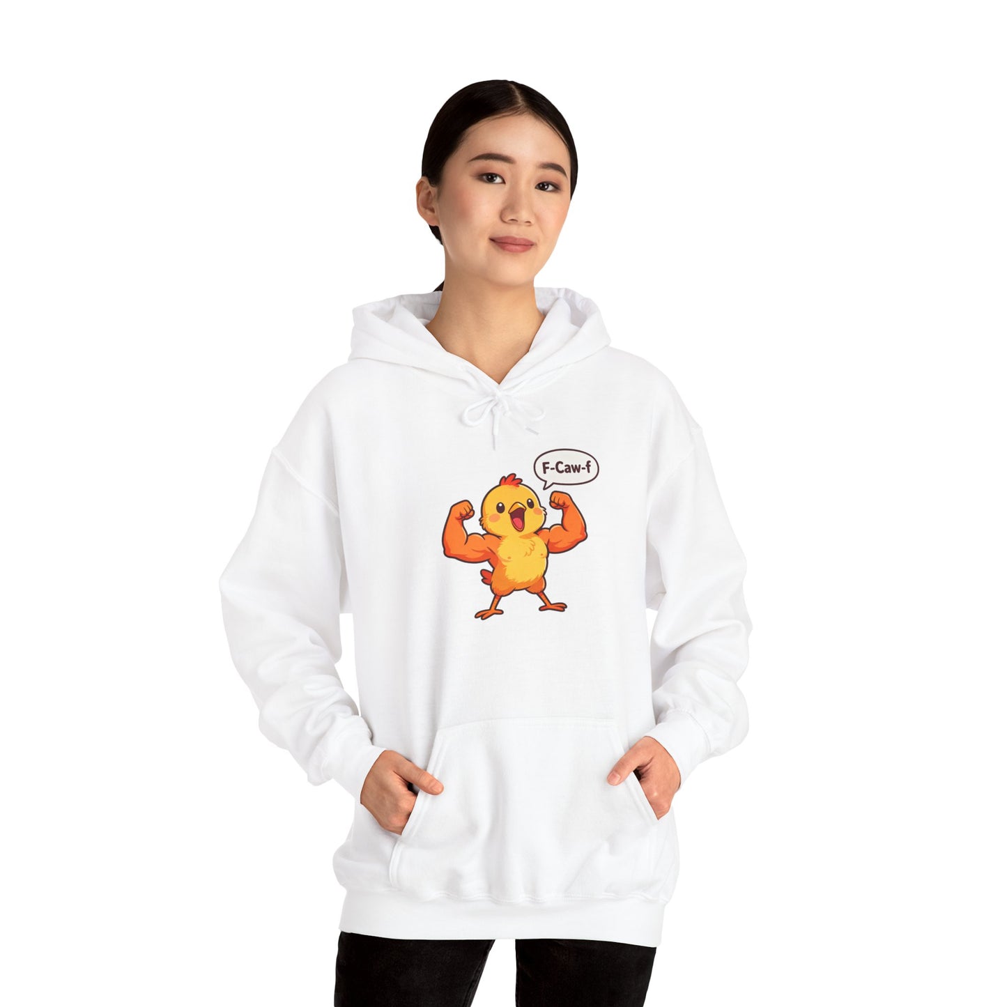 Funny Muscular Chick Hoodie — 'F-Caw!' Cute Strong Chicken Graphic Sweatshirt