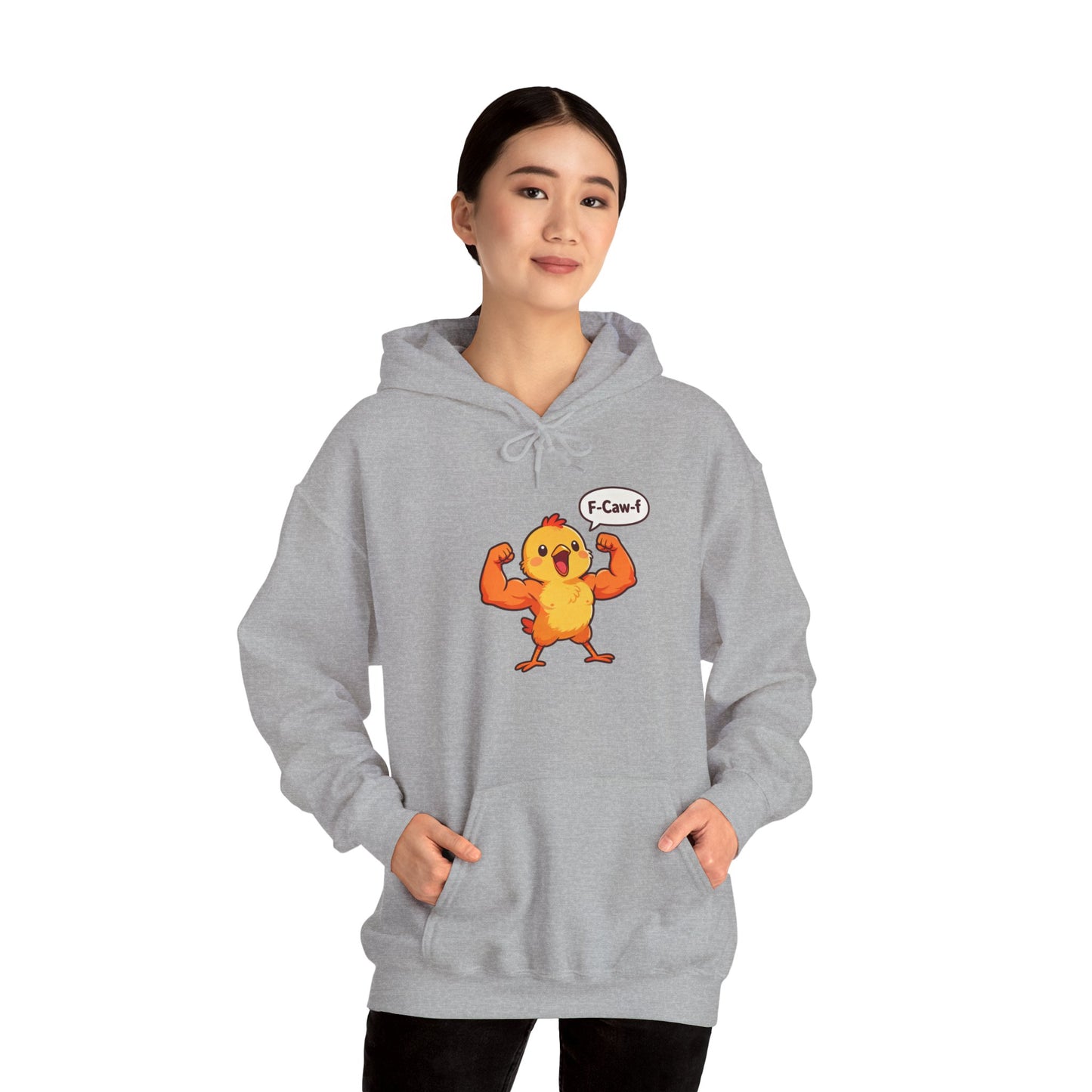 Funny Muscular Chick Hoodie — 'F-Caw!' Cute Strong Chicken Graphic Sweatshirt