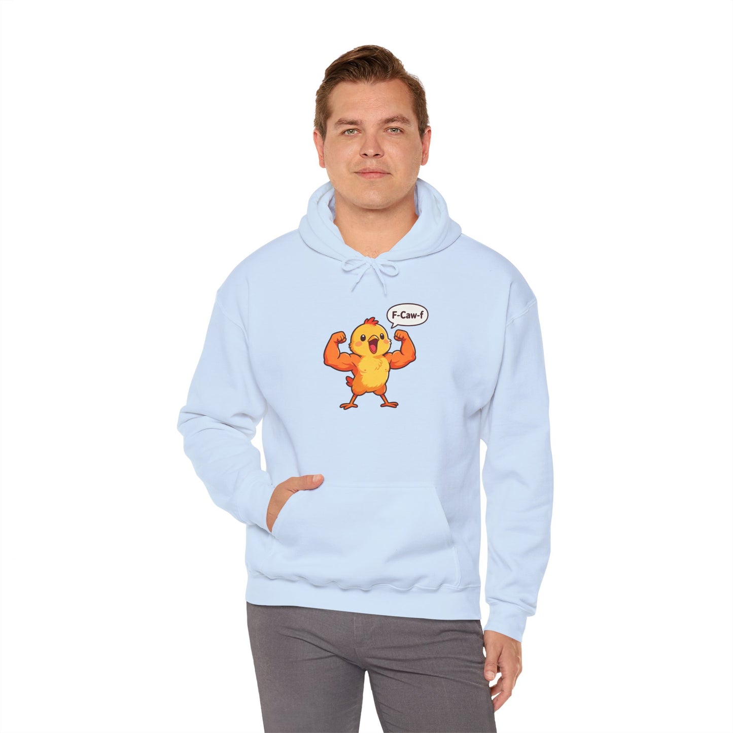 Funny Muscular Chick Hoodie — 'F-Caw!' Cute Strong Chicken Graphic Sweatshirt