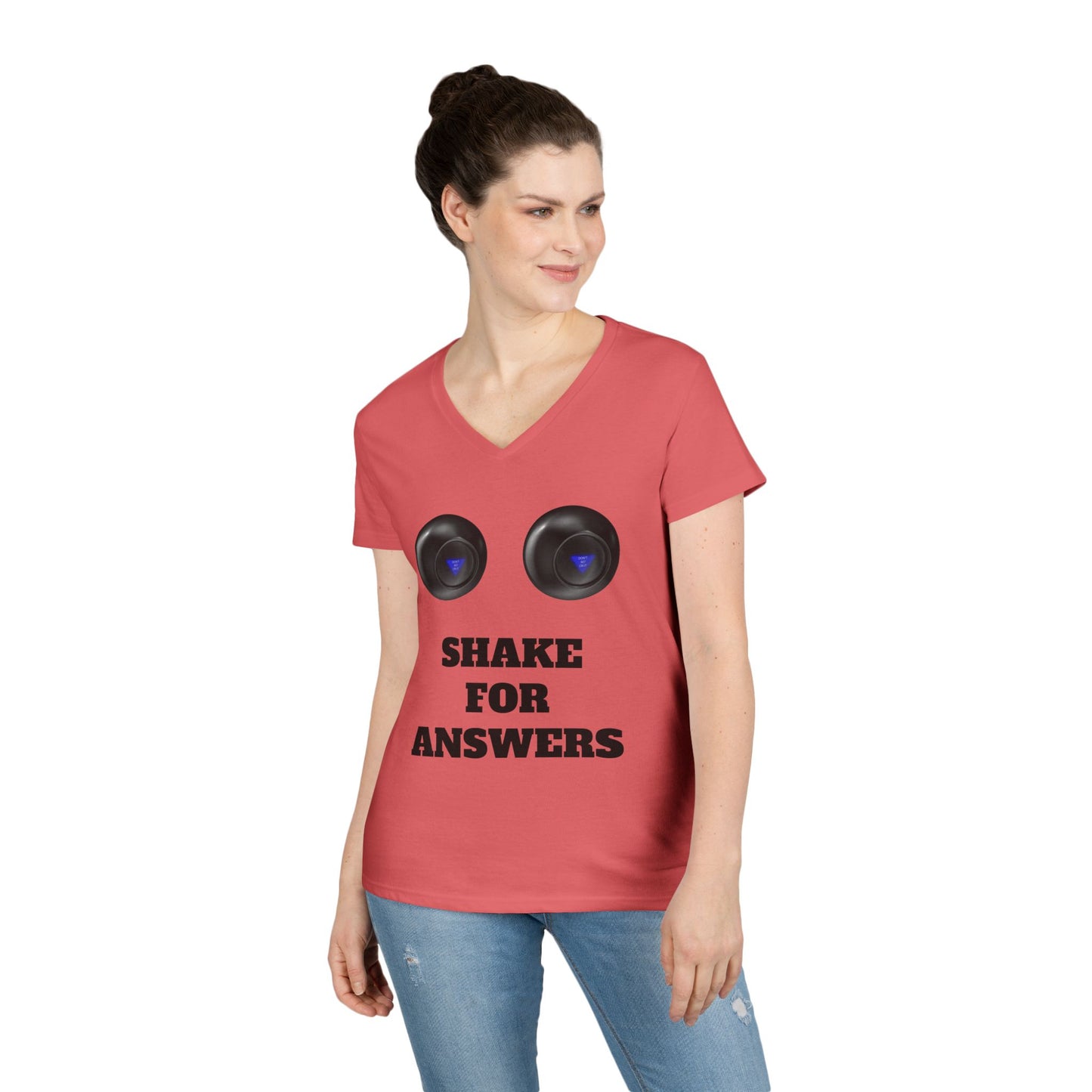 Ladies' V-Neck T-Shirt — "Shake for Answers" Magic 8-Ball Graphic Tee