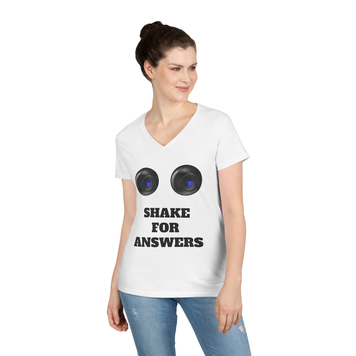 Ladies' V-Neck T-Shirt — "Shake for Answers" Magic 8-Ball Graphic Tee