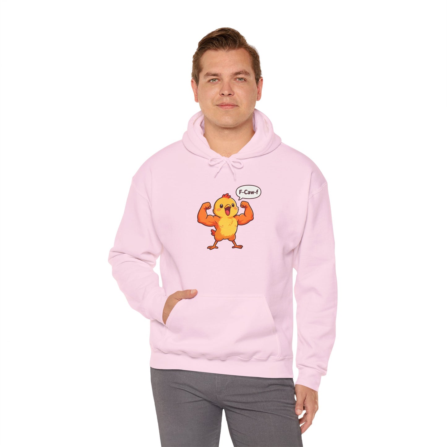Funny Muscular Chick Hoodie — 'F-Caw!' Cute Strong Chicken Graphic Sweatshirt