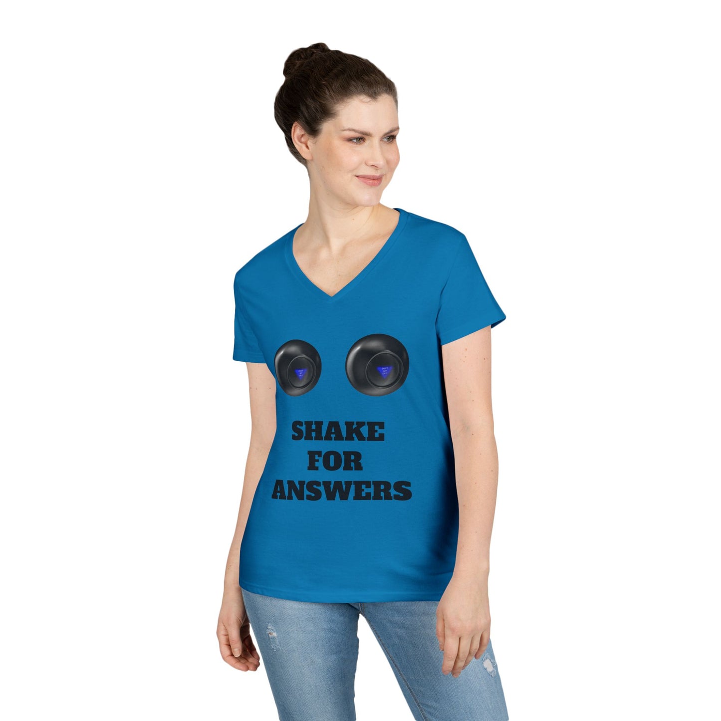 Ladies' V-Neck T-Shirt — "Shake for Answers" Magic 8-Ball Graphic Tee