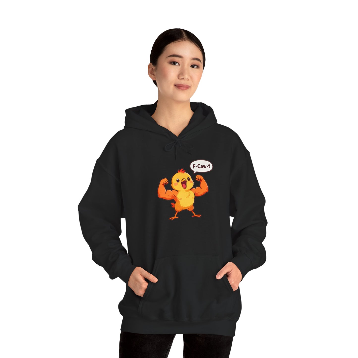 Funny Muscular Chick Hoodie — 'F-Caw!' Cute Strong Chicken Graphic Sweatshirt