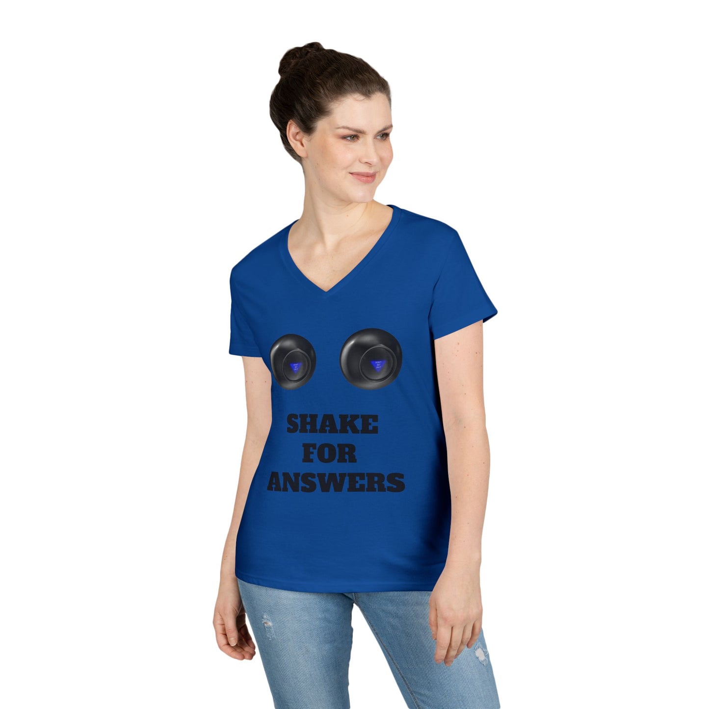 Ladies' V-Neck T-Shirt — "Shake for Answers" Magic 8-Ball Graphic Tee