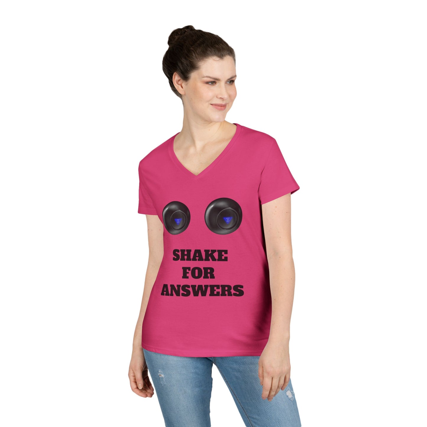 Ladies' V-Neck T-Shirt — "Shake for Answers" Magic 8-Ball Graphic Tee