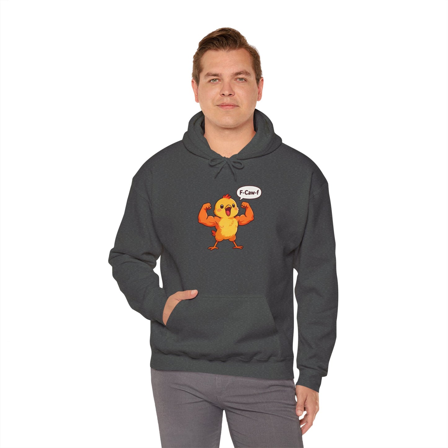 Funny Muscular Chick Hoodie — 'F-Caw!' Cute Strong Chicken Graphic Sweatshirt