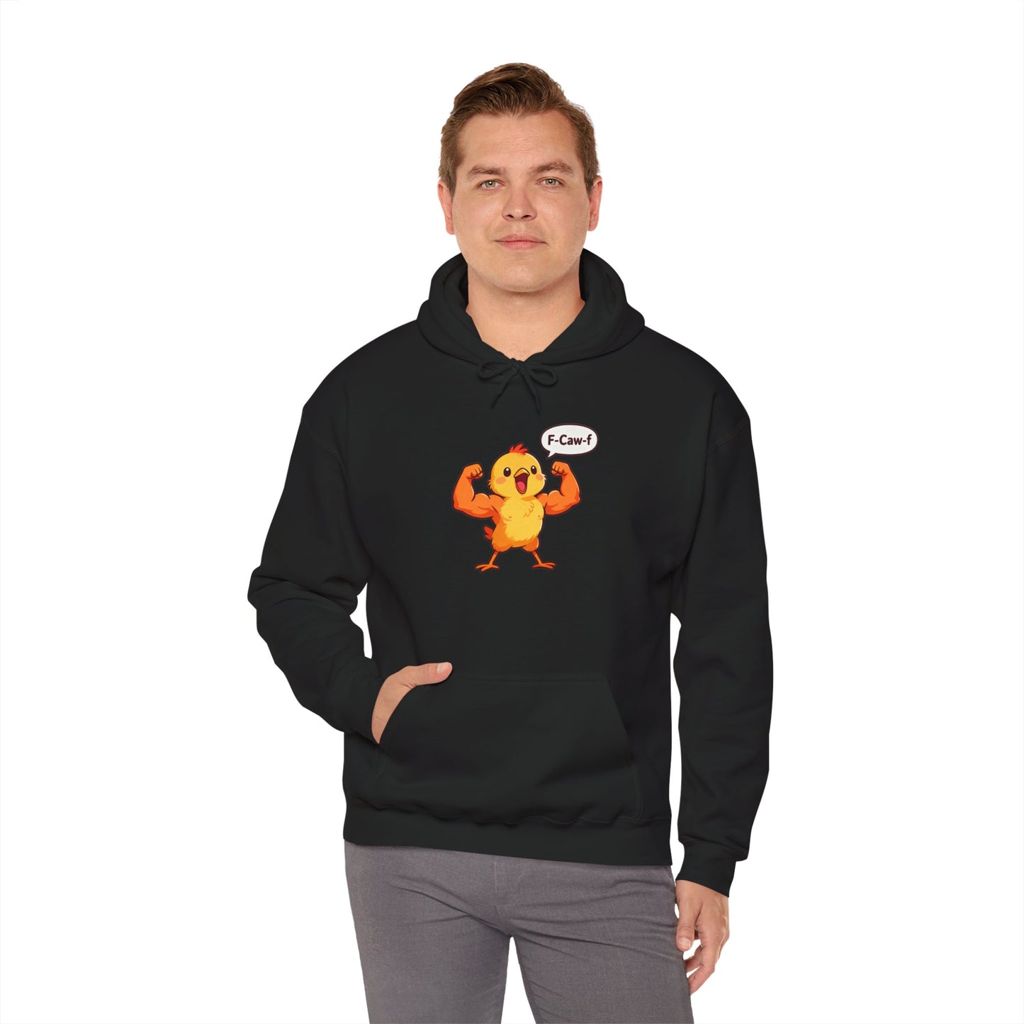 Funny Muscular Chick Hoodie — 'F-Caw!' Cute Strong Chicken Graphic Sweatshirt