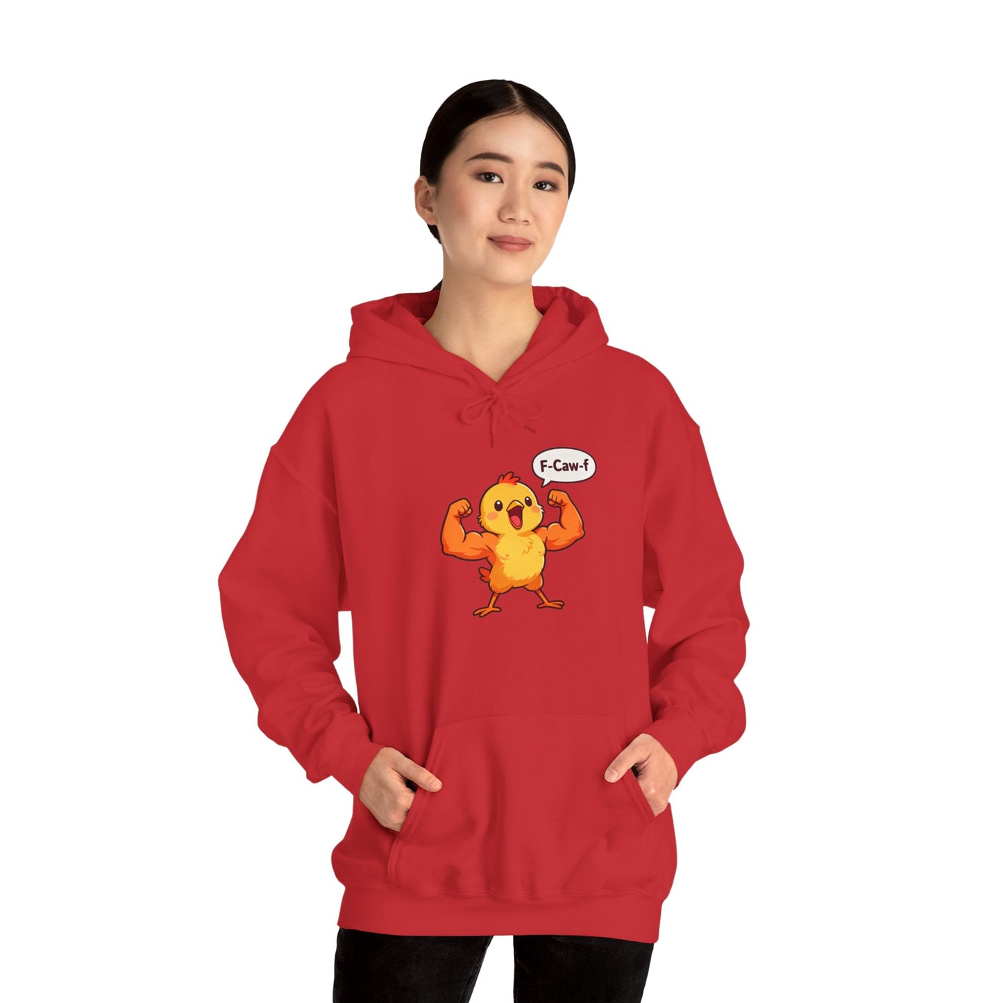 Funny Muscular Chick Hoodie — 'F-Caw!' Cute Strong Chicken Graphic Sweatshirt
